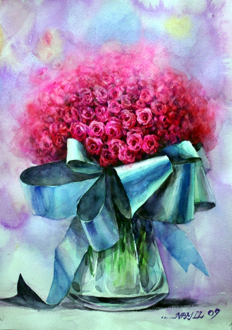 ●>남일 꽃정물수채화< 백송이 장미. 36*51. watercolor on paper.